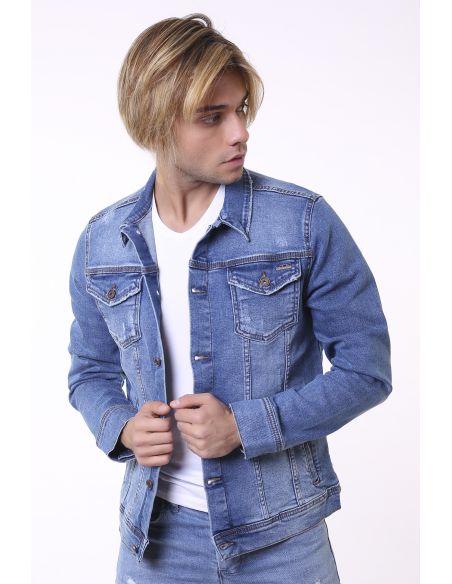 Buttoned Blue Attrition Detail Mens Jeans Jacket