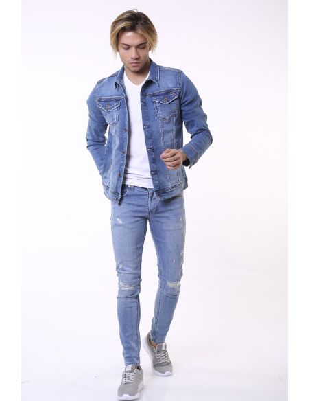 Buttoned Blue Attrition Detail Mens Jeans Jacket