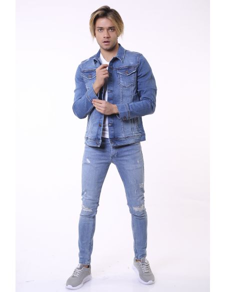 Buttoned Blue Attrition Detail Mens Jeans Jacket