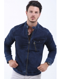 Zipper Pocket Striped Navy Blue Mens Jeans Jacket