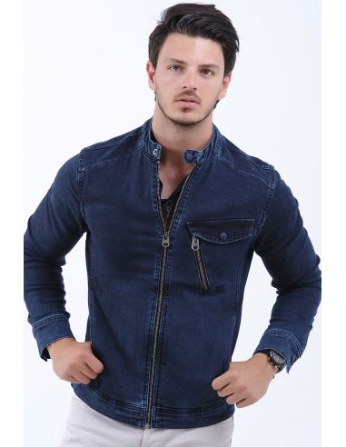 Zipper Pocket Striped Navy Blue Mens Jeans Jacket