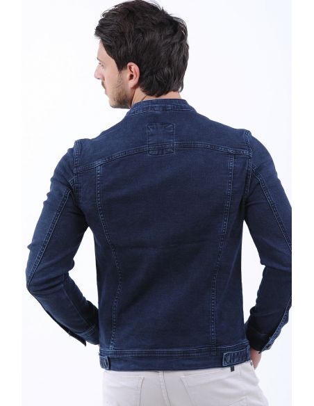 Zipper Pocket Striped Navy Blue Mens Jeans Jacket