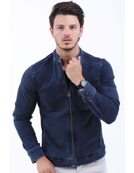 Zipper Pocket Striped Navy Blue Mens Jeans Jacket