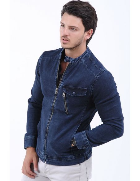 Zipper Pocket Striped Navy Blue Mens Jeans Jacket