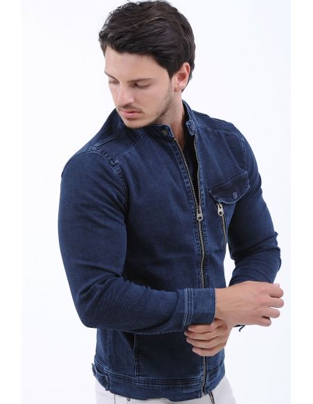 Zipper Pocket Striped Navy Blue Mens Jeans Jacket