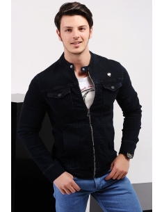 Double Pocket Navy Blue Men's Jeans Jacket with Zipper