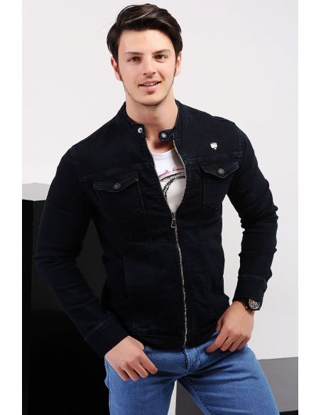 Double Pocket Navy Blue Men's Jeans Jacket with Zipper