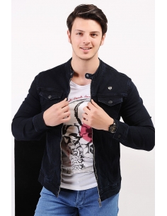 Double Pocket Navy Blue Men's Jeans Jacket with Zipper 2