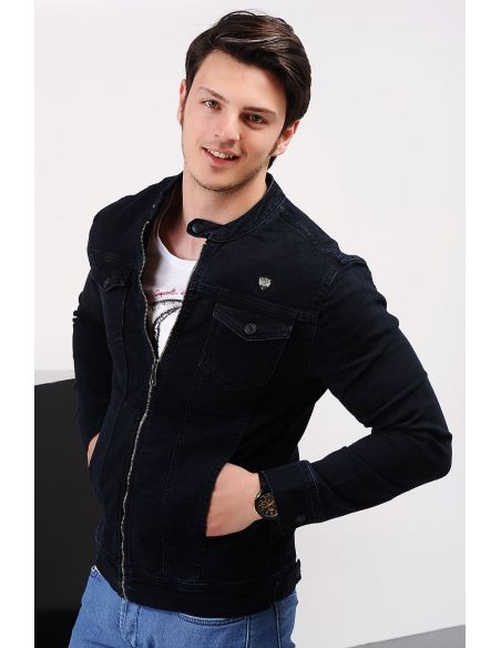 Double Pocket Navy Blue Men's Jeans Jacket with Zipper