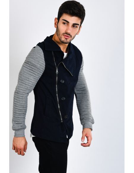 Men's Denim Jacket with Gray Sleeves Side Zipper