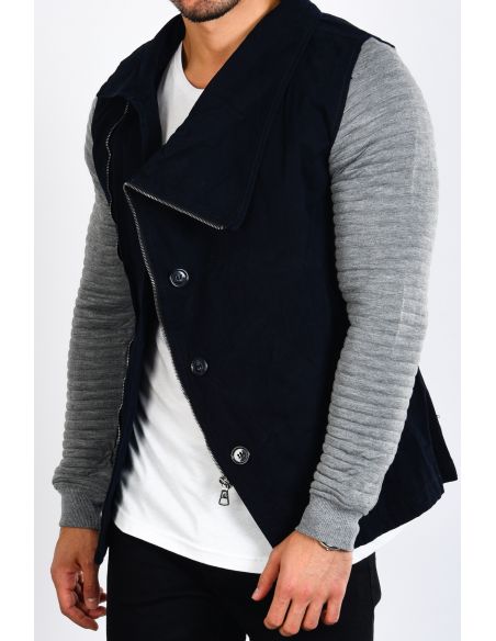 Men's Denim Jacket with Gray Sleeves Side Zipper