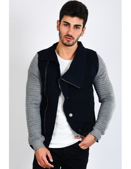 Men's Denim Jacket with Gray Sleeves Side Zipper