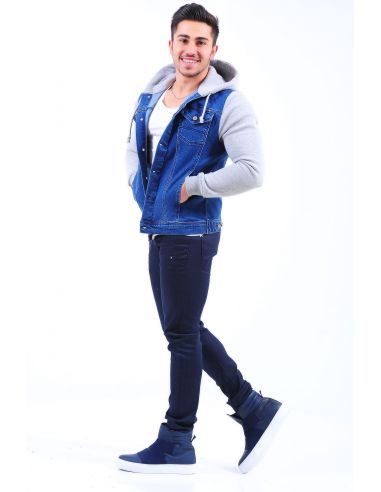 Gray Fleece Sleeve Blue Mens Jeans Jacket