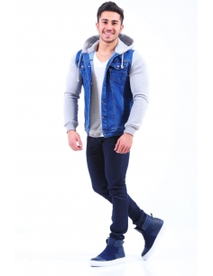 Gray Fleece Sleeve Blue Mens Jeans Jacket 2