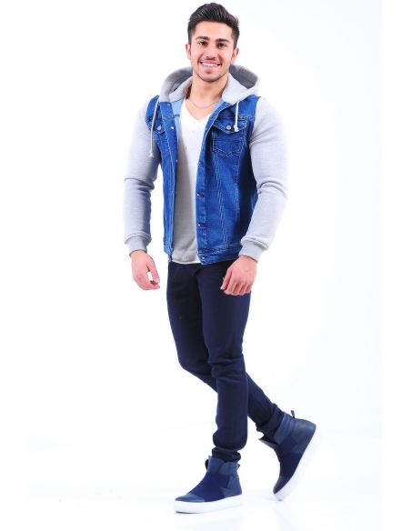 Gray Fleece Sleeve Blue Mens Jeans Jacket