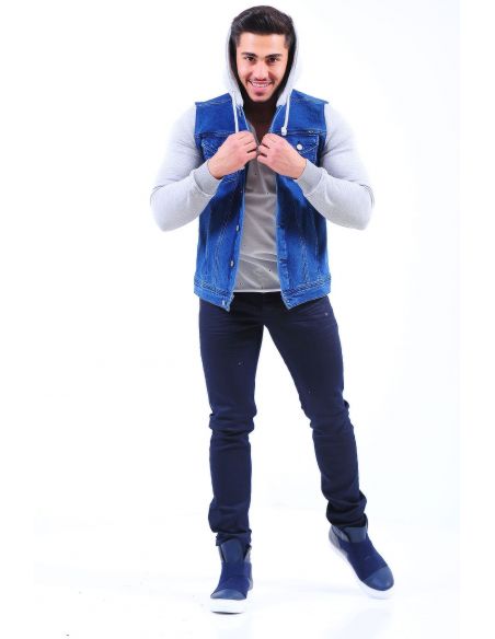 Gray Fleece Sleeve Blue Mens Jeans Jacket