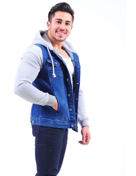 Gray Fleece Sleeve Blue Mens Jeans Jacket