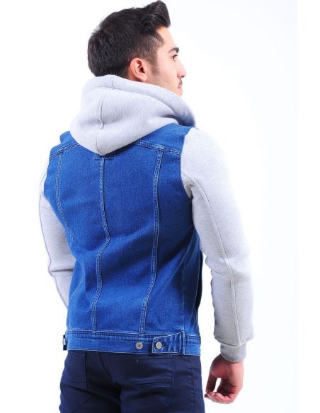 Gray Fleece Sleeve Blue Mens Jeans Jacket