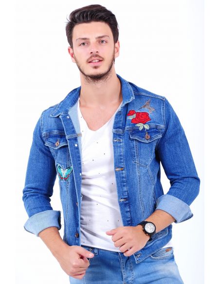 Rose Butterfly Embroidered Light Blue Mens Jeans Jacket