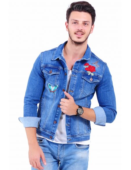 Rose Butterfly Embroidered Light Blue Mens Jeans Jacket