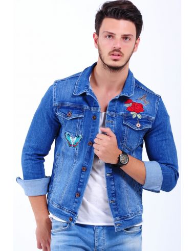 Denim jacket with hot sale roses mens