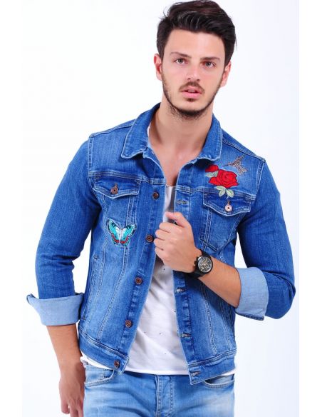 Rose Butterfly Embroidered Light Blue Mens Jeans Jacket