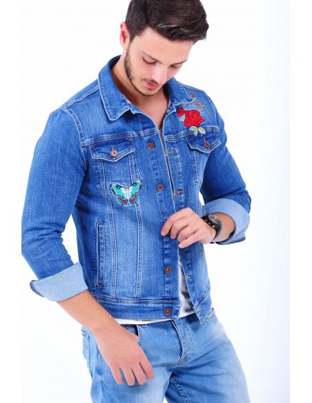 Rose Butterfly Embroidered Light Blue Mens Jeans Jacket