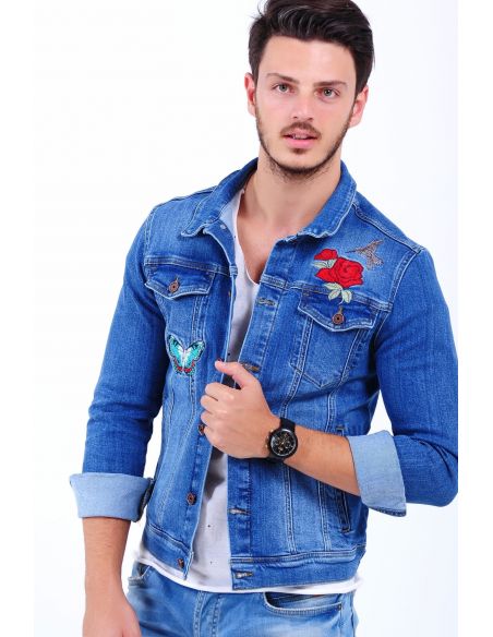 Veste de jeans pour hommes bleu pâle brodée de papillons