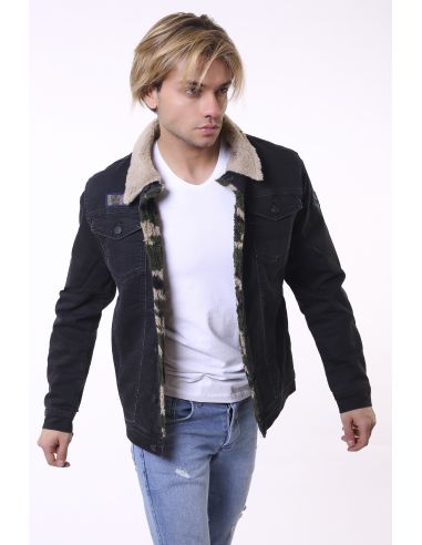 Men jean jacket hot sale with fur collar