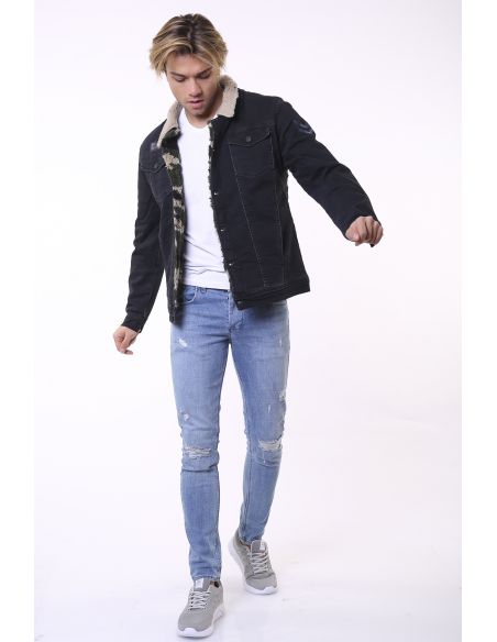 Fur Coat Camouflage Collar Cream Mens Jeans Jacket