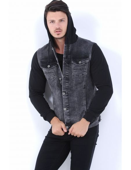 Hooded Mens Jeans Jacket Black