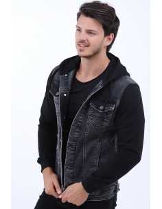 Hooded Mens Jeans Jacket Black 2