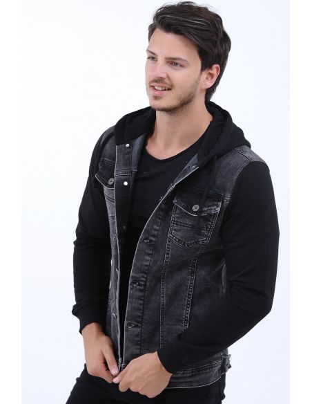 Hooded Mens Jeans Jacket Black