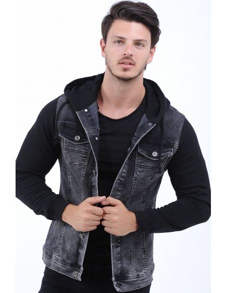 Hooded Mens Jeans Jacket Black