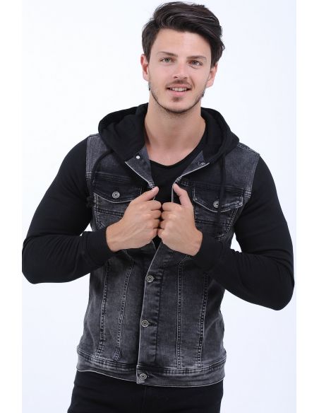 Hooded Mens Jeans Jacket Black