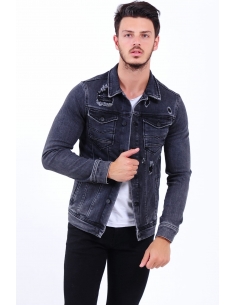 Black Mens Jeans Jacket with Cut Detail