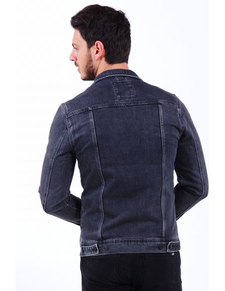 Black Mens Jeans Jacket with Cut Detail