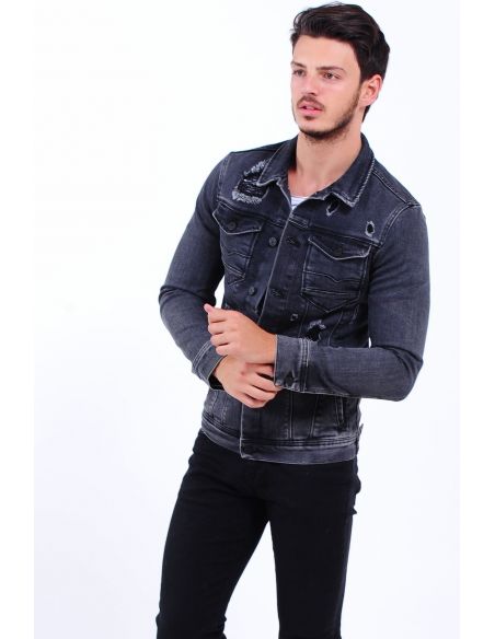 Black Mens Jeans Jacket with Cut Detail