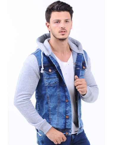 Light Blue Mens Jeans Jacket with Gray Hooded Sleeves