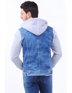 Light Blue Mens Jeans Jacket with Gray Hooded Sleeves 2