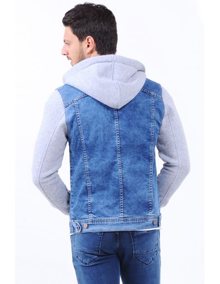 Light Blue Mens Jeans Jacket with Gray Hooded Sleeves