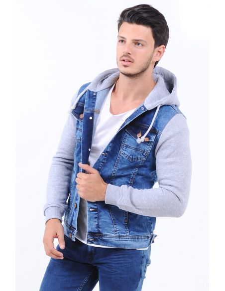 Light Blue Mens Jeans Jacket with Gray Hooded Sleeves