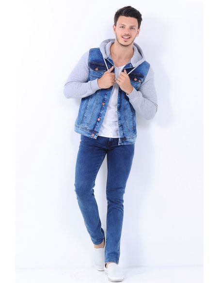 Light Blue Mens Jeans Jacket with Gray Hooded Sleeves