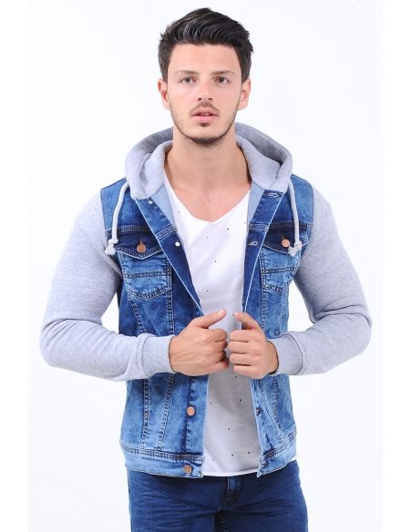 Light Blue Mens Jeans Jacket with Gray Hooded Sleeves