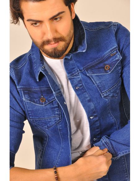 Dark Blue Buttoned Men's Jeans Jacket