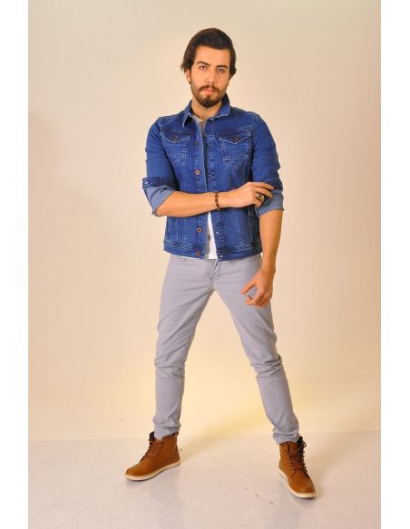 Veste de jeans pour hommes boutonnés bleu foncé