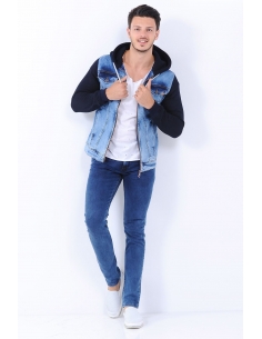 Navy Blue Fleece Sleeve Hooded Zippered Men's Jeans Jacket 2