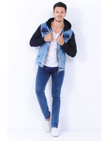 Navy Blue Fleece Sleeve Hooded Zippered Men's Jeans Jacket