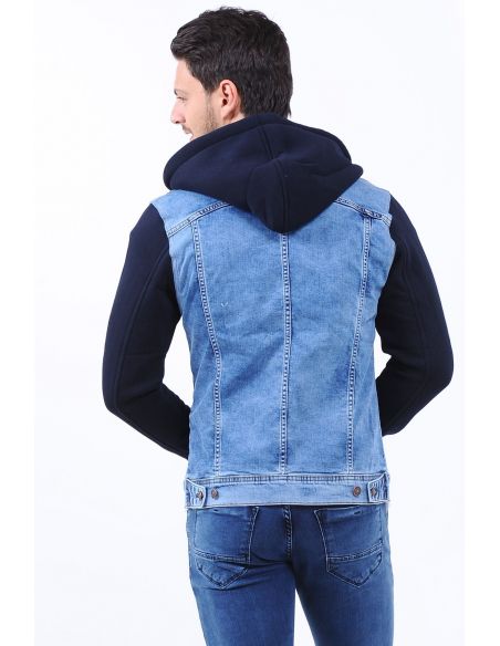 Navy Blue Fleece Sleeve Hooded Zippered Men's Jeans Jacket