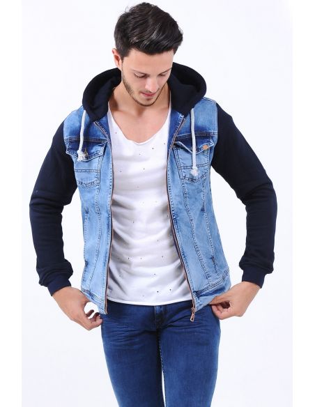 Navy Blue Fleece Sleeve Hooded Zippered Men's Jeans Jacket